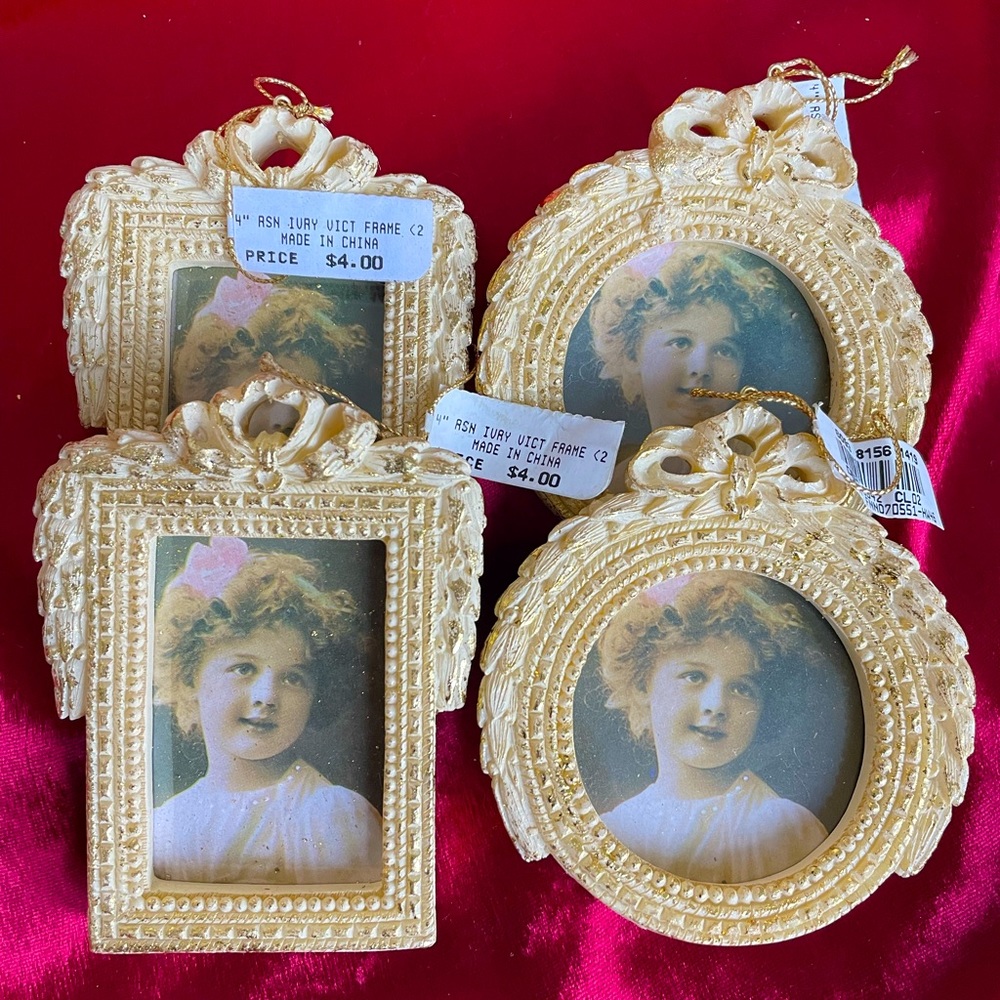 Cream toned and gold highlighted holiday ornaments. Set of 4.